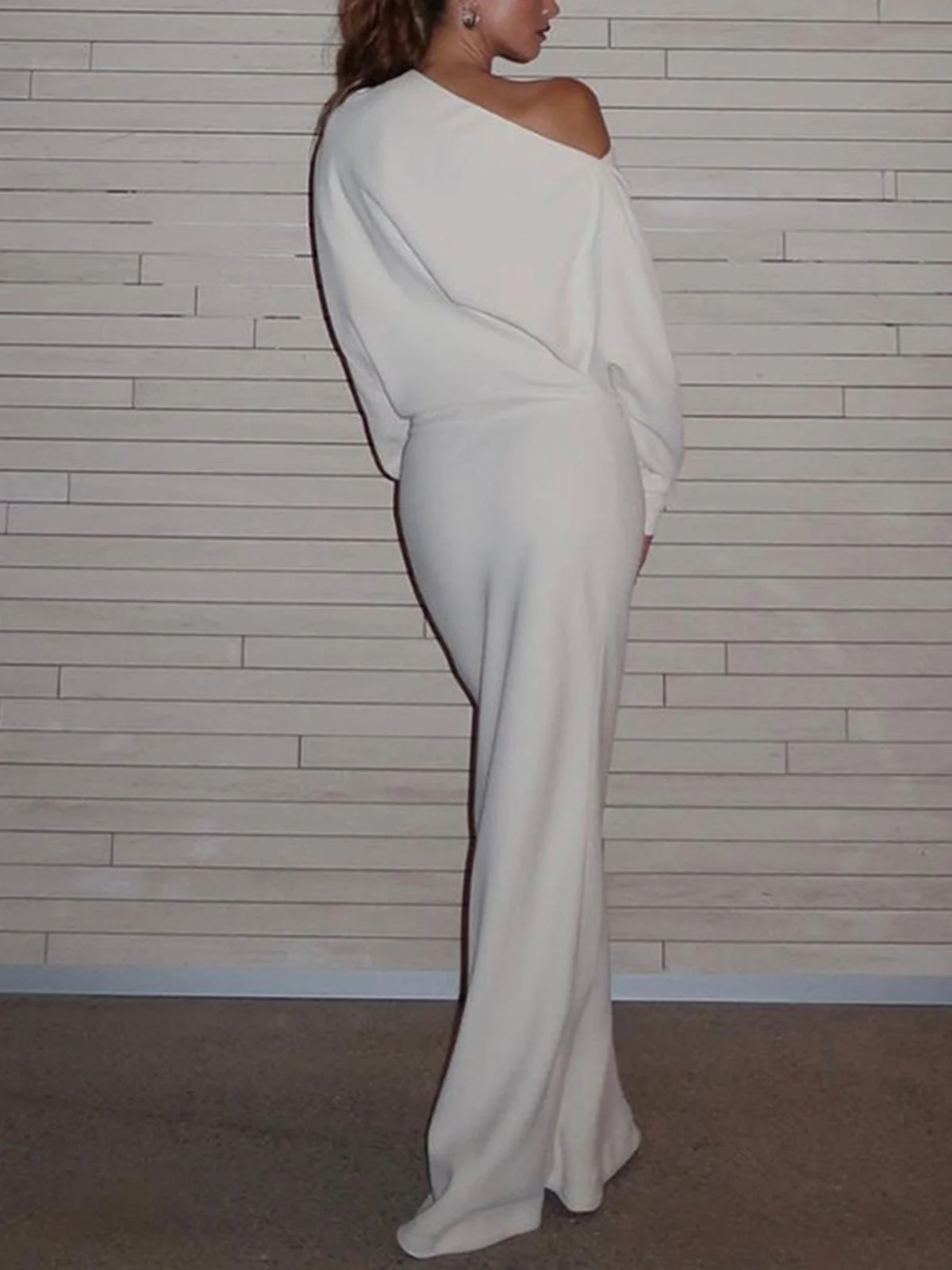 Asymmetrical Off Shoulder Solid Modern Long Sleeve Maxi Dress - Image 7