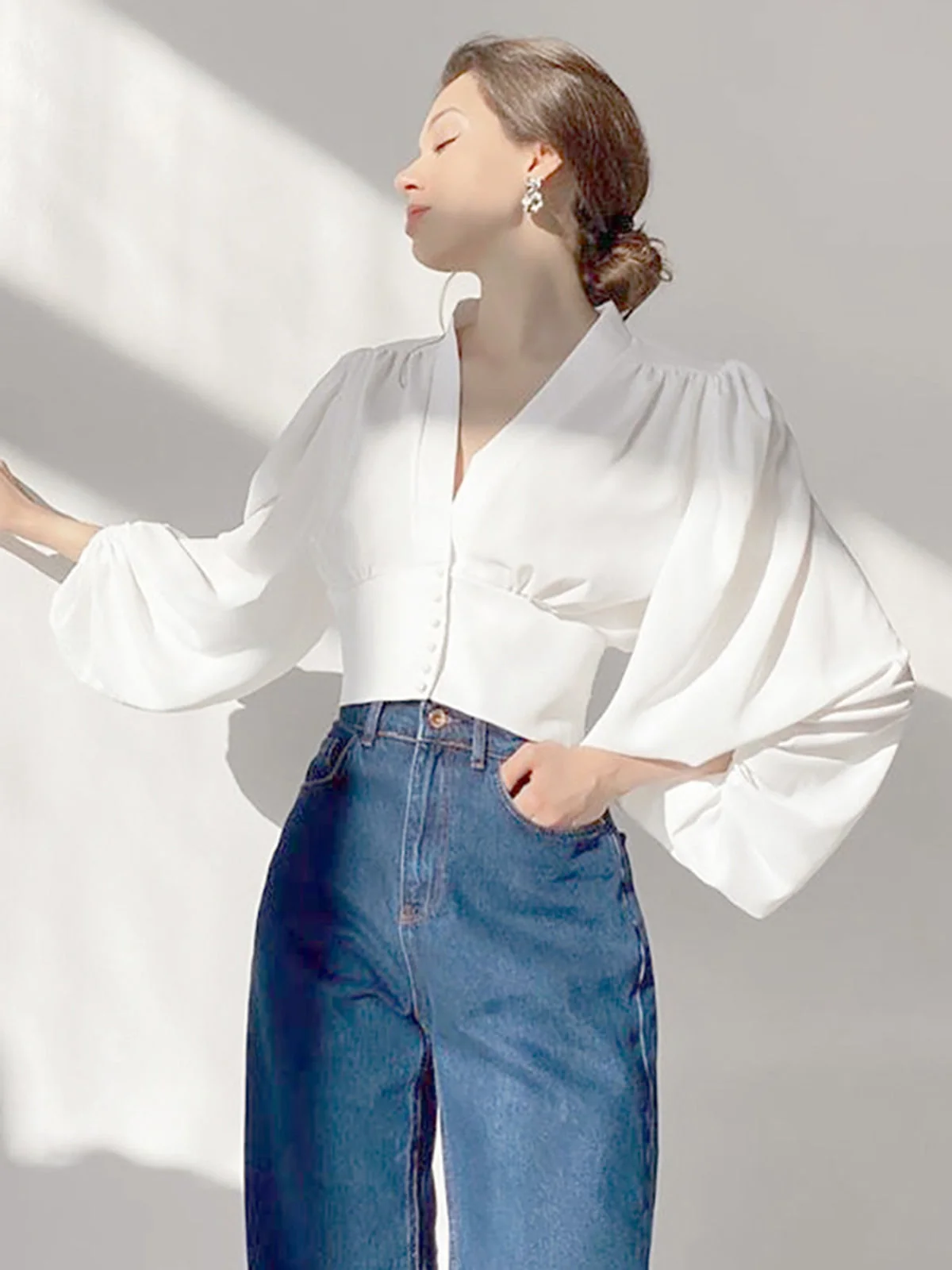 V-neck Button Graceful Corset Blouse - Image 8