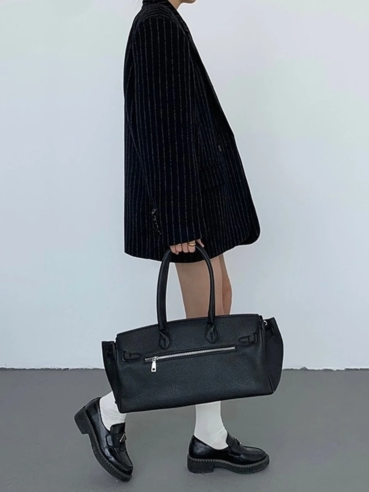Tweed Pinstripe Graceful Oversized Blazer - Image 16