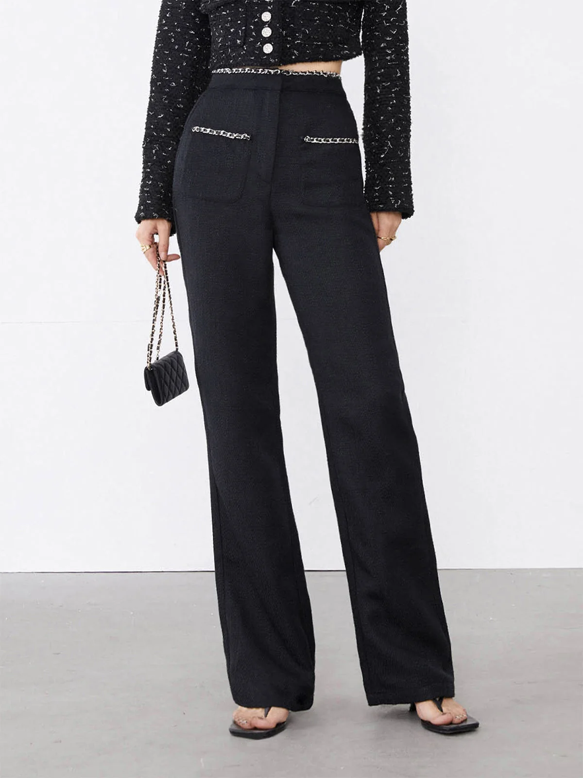 Tweed Contrast Trim Trendy Pocket Straight Leg Pants - Image 12