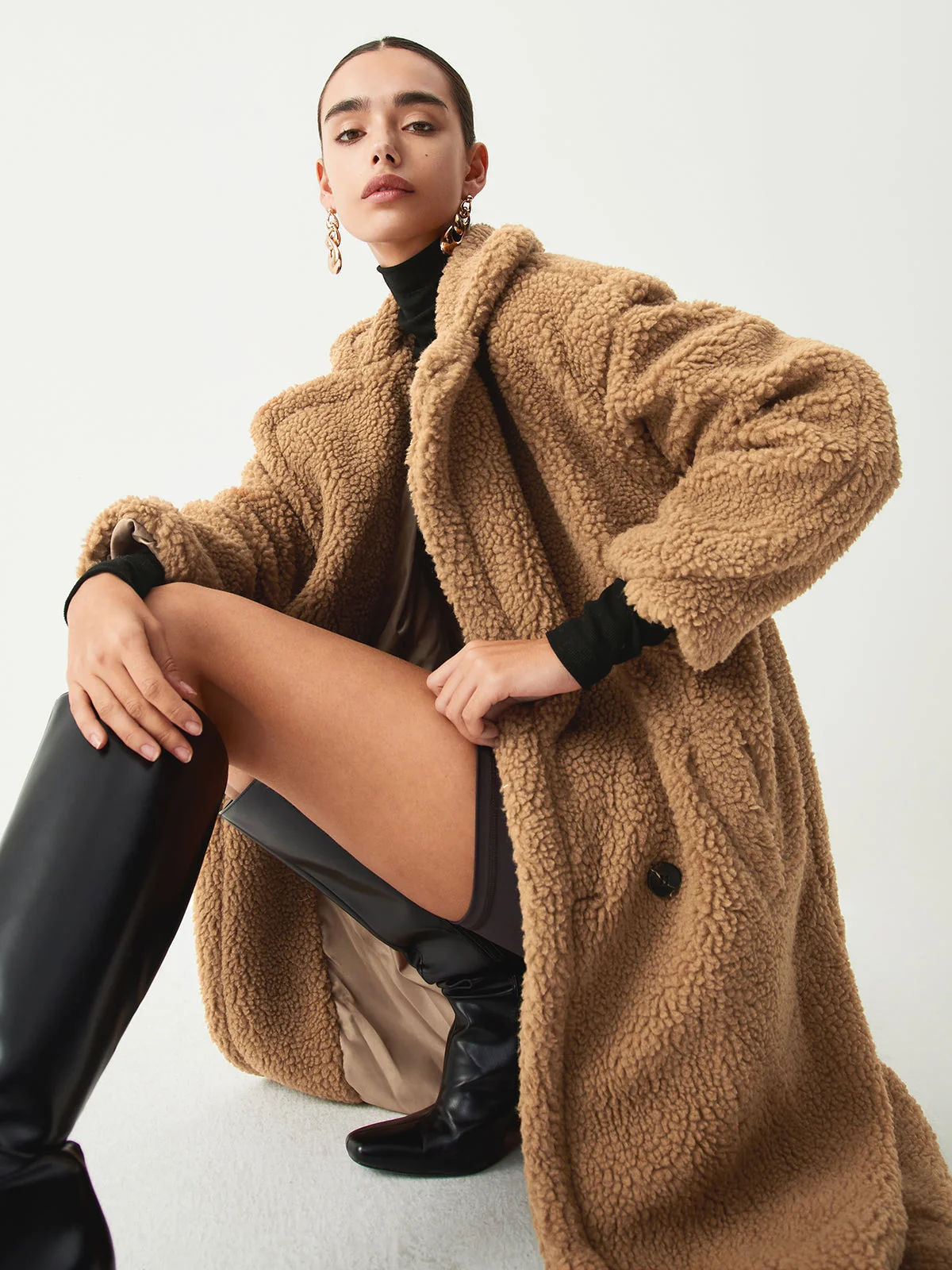 Terracotta Double Pockets Trendy Flurry Longline Fleece Jacket - Image 12