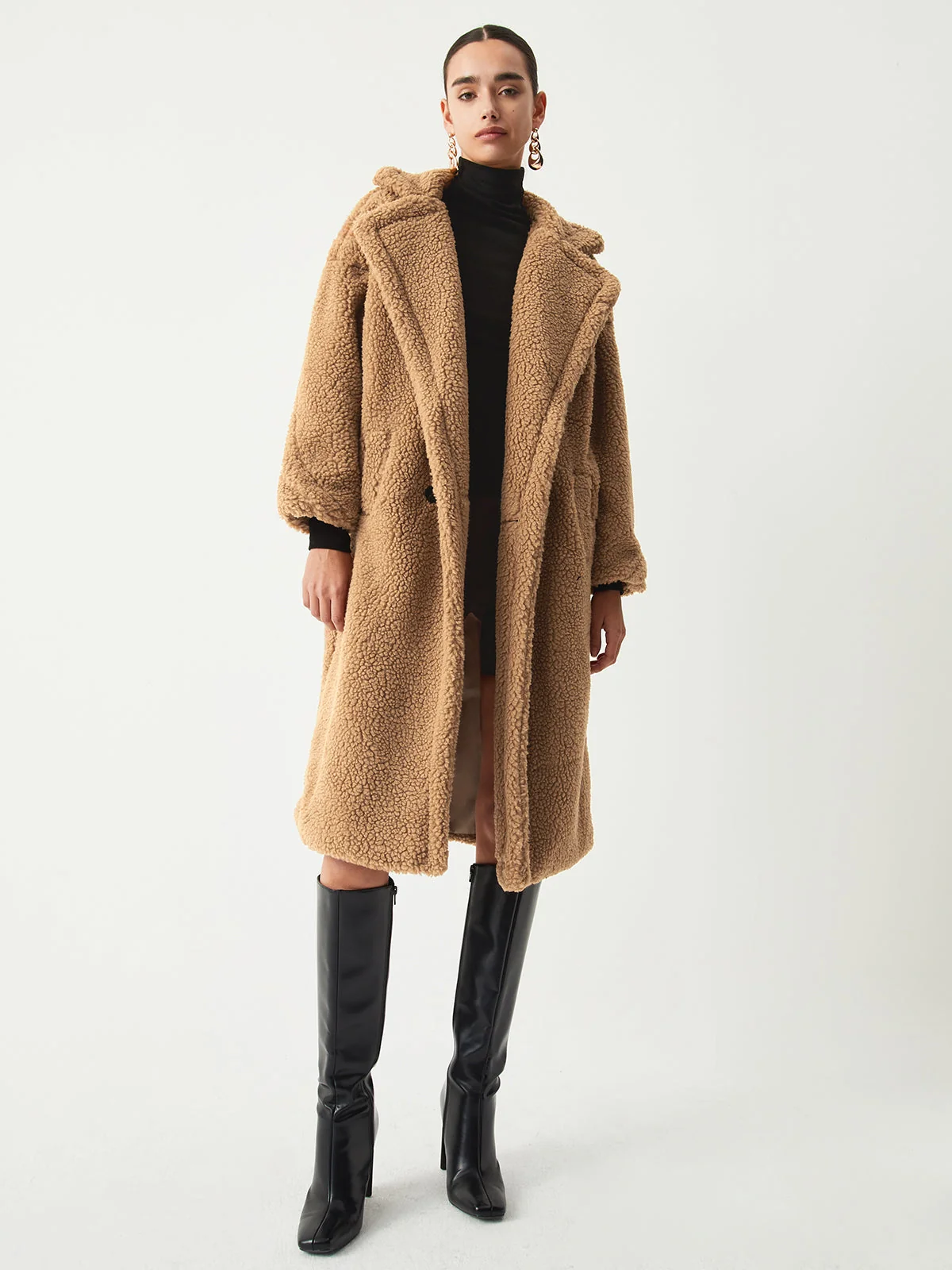 Terracotta Double Pockets Trendy Flurry Longline Fleece Jacket - Image 16