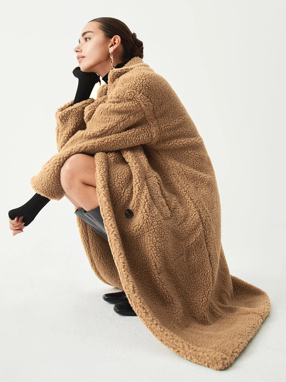Terracotta Double Pockets Trendy Flurry Longline Fleece Jacket - Image 4