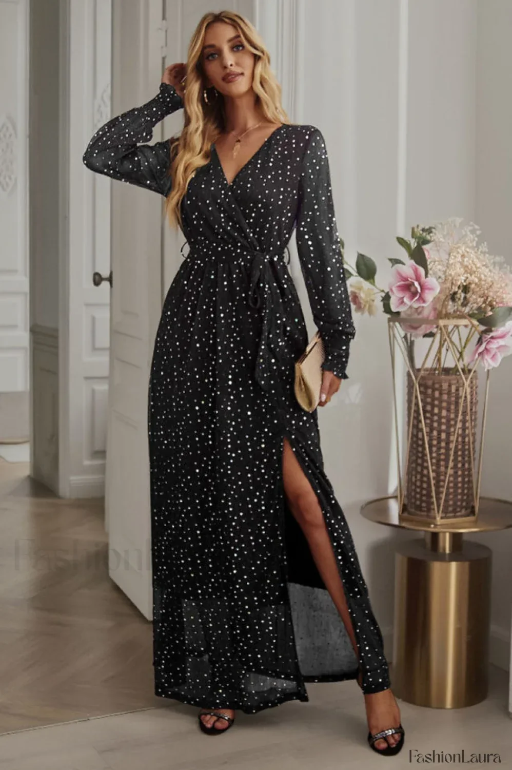 Leandra Front Split Charming Shimmer Maxi Dress - Image 29