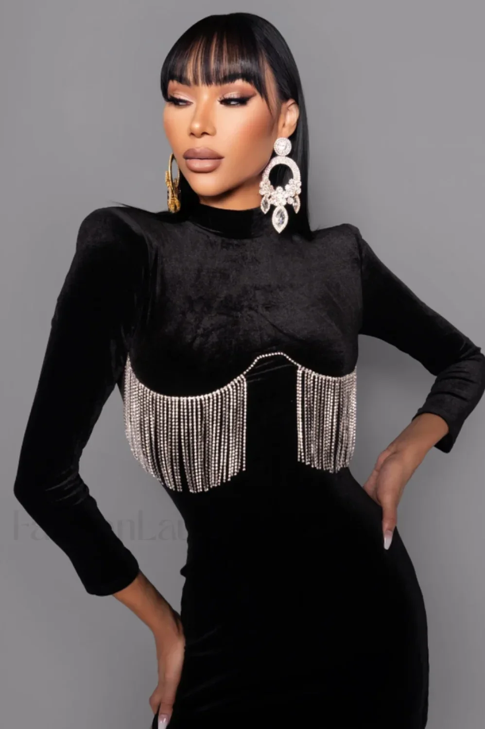 Black Crystal Fringe Charming Velvet Mini Dress - Image 21
