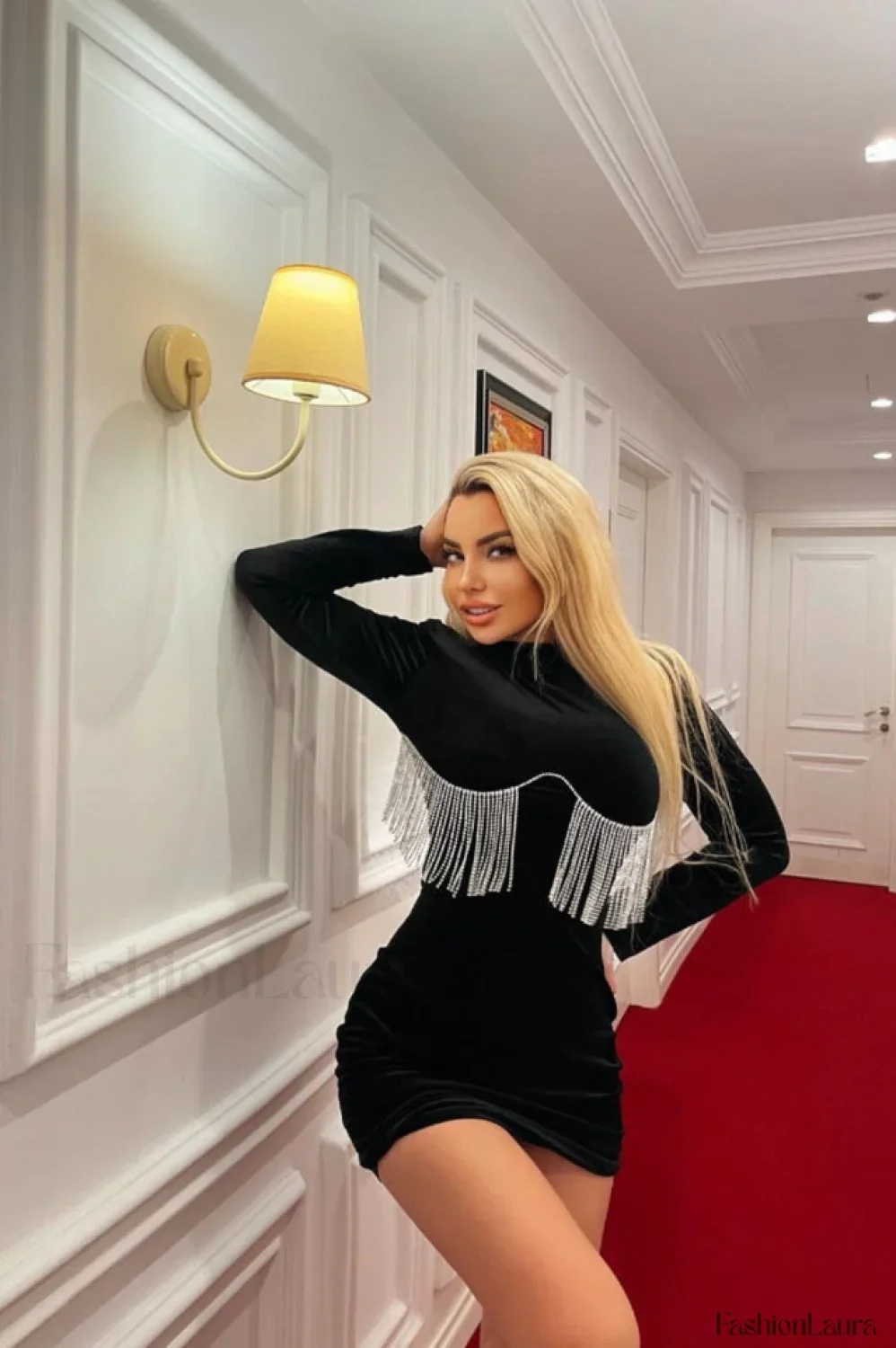 Black Crystal Fringe Charming Velvet Mini Dress - Image 30