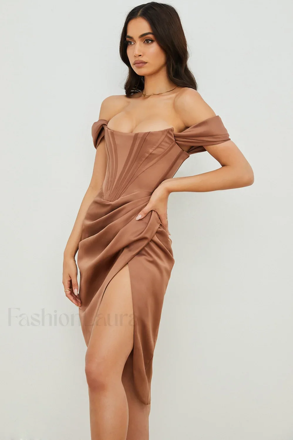 Satin Off Stylish Shoulder Dress - Image 22