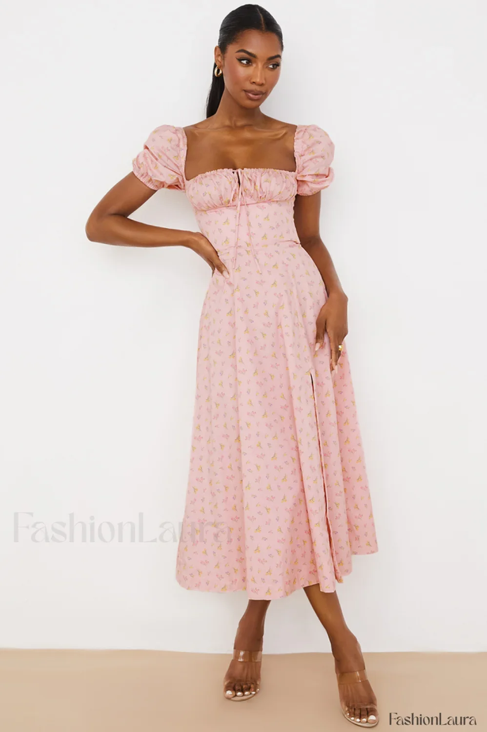Pink Printed Puff Charming Sleeve Midi Dress - Image 13