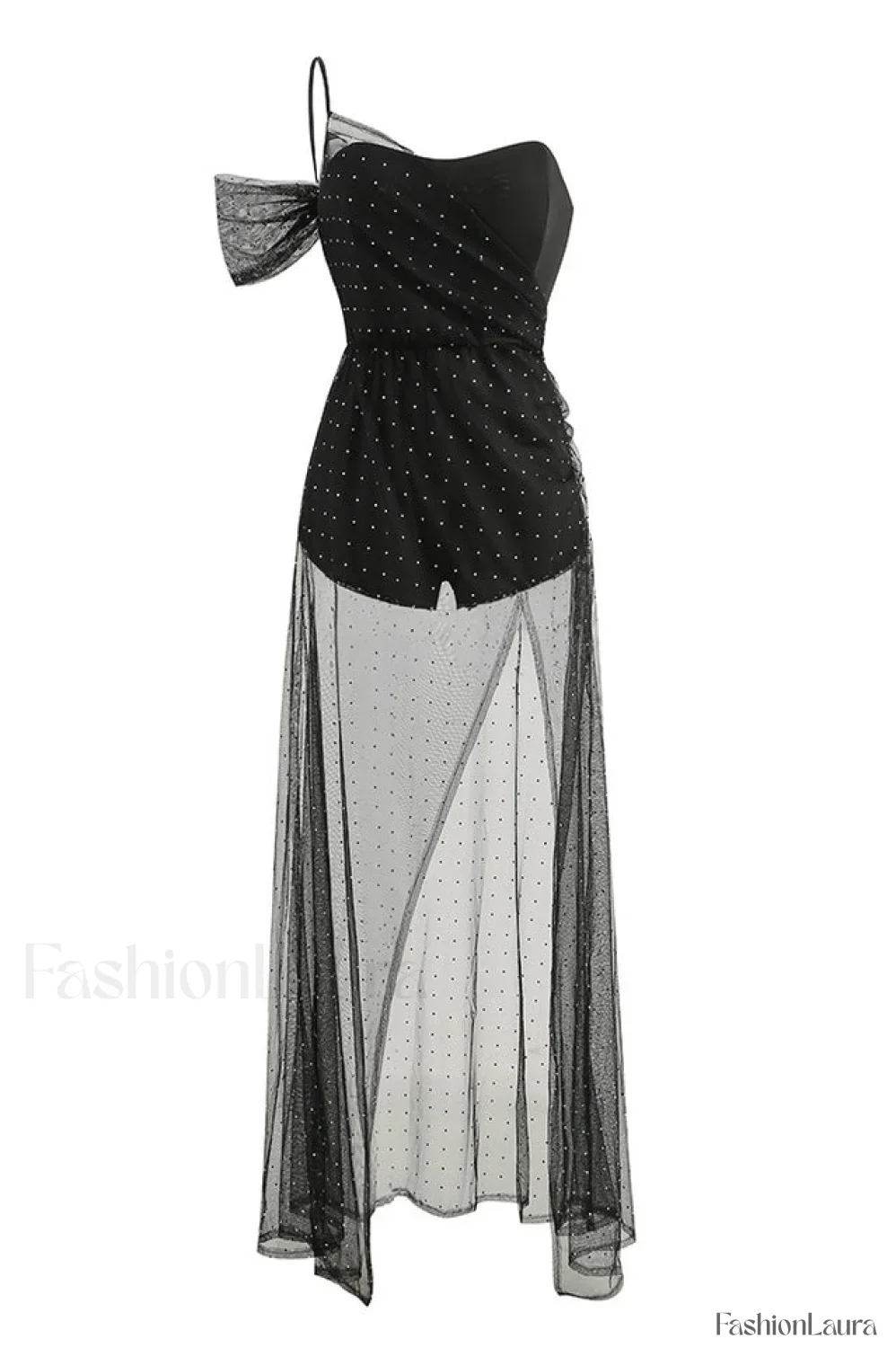 One Shoulder Rhinestone Charming Mesh Maxi Dress - Image 10