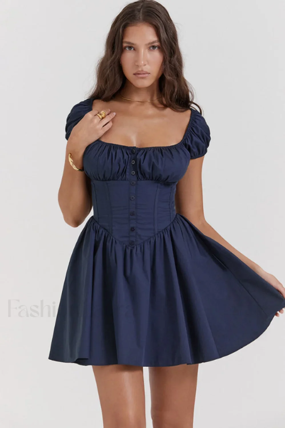 Nala French Navy Charming Gathered Mini Dress - Image 16