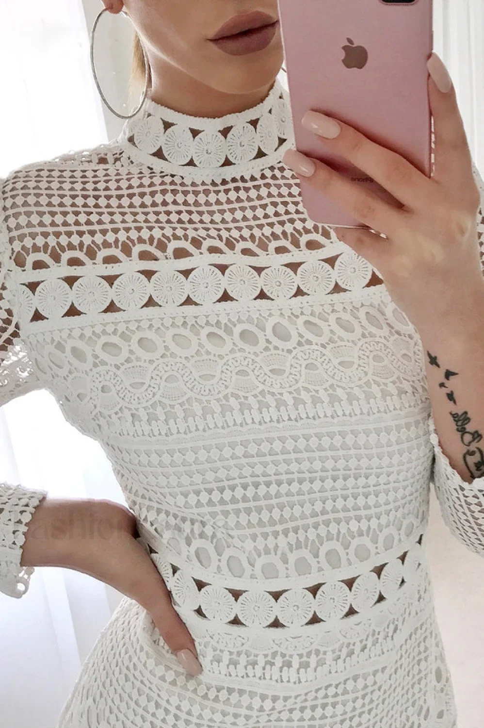 High Neck Short Charming Tight White Lace Dress - Image 10