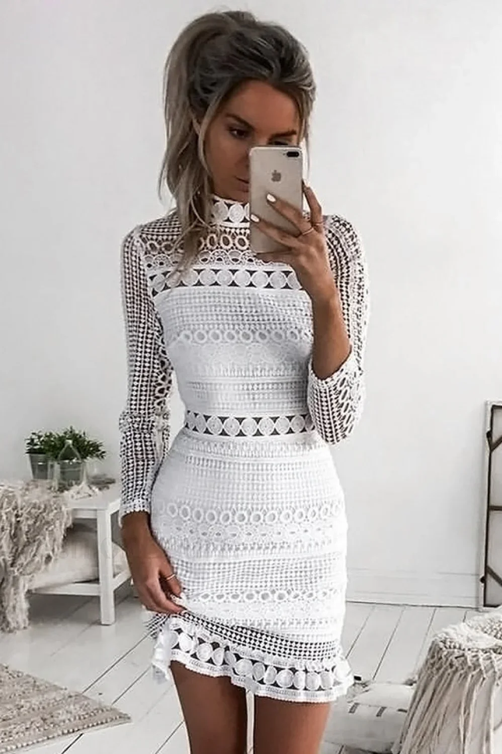 High Neck Short Charming Tight White Lace Dress - Image 14