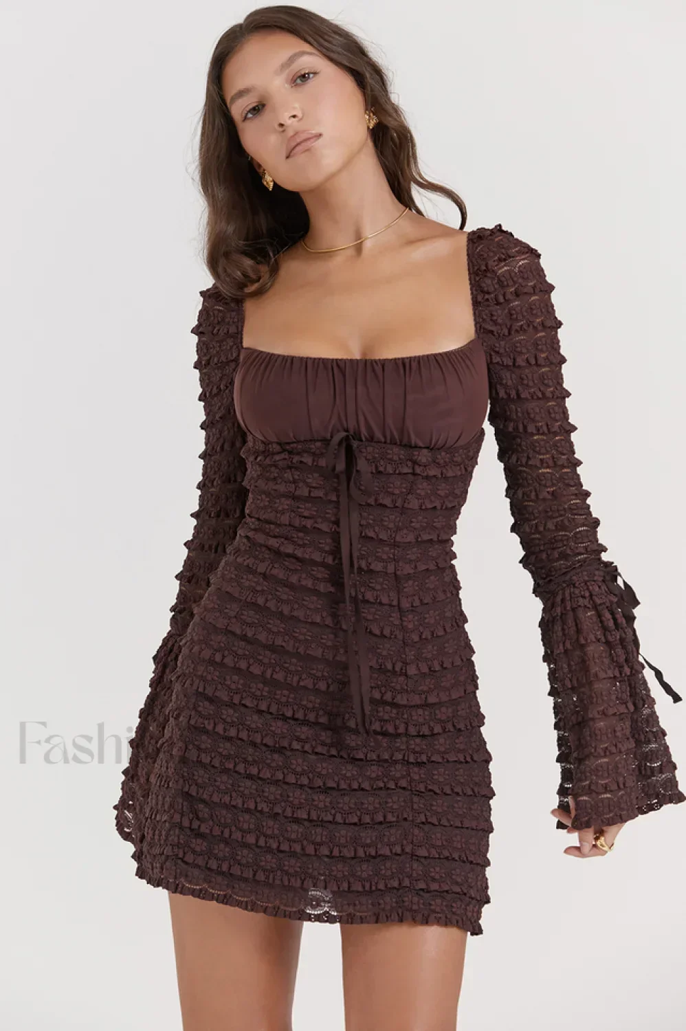Marisa Rich Stylish Brown Lace Mini Dress