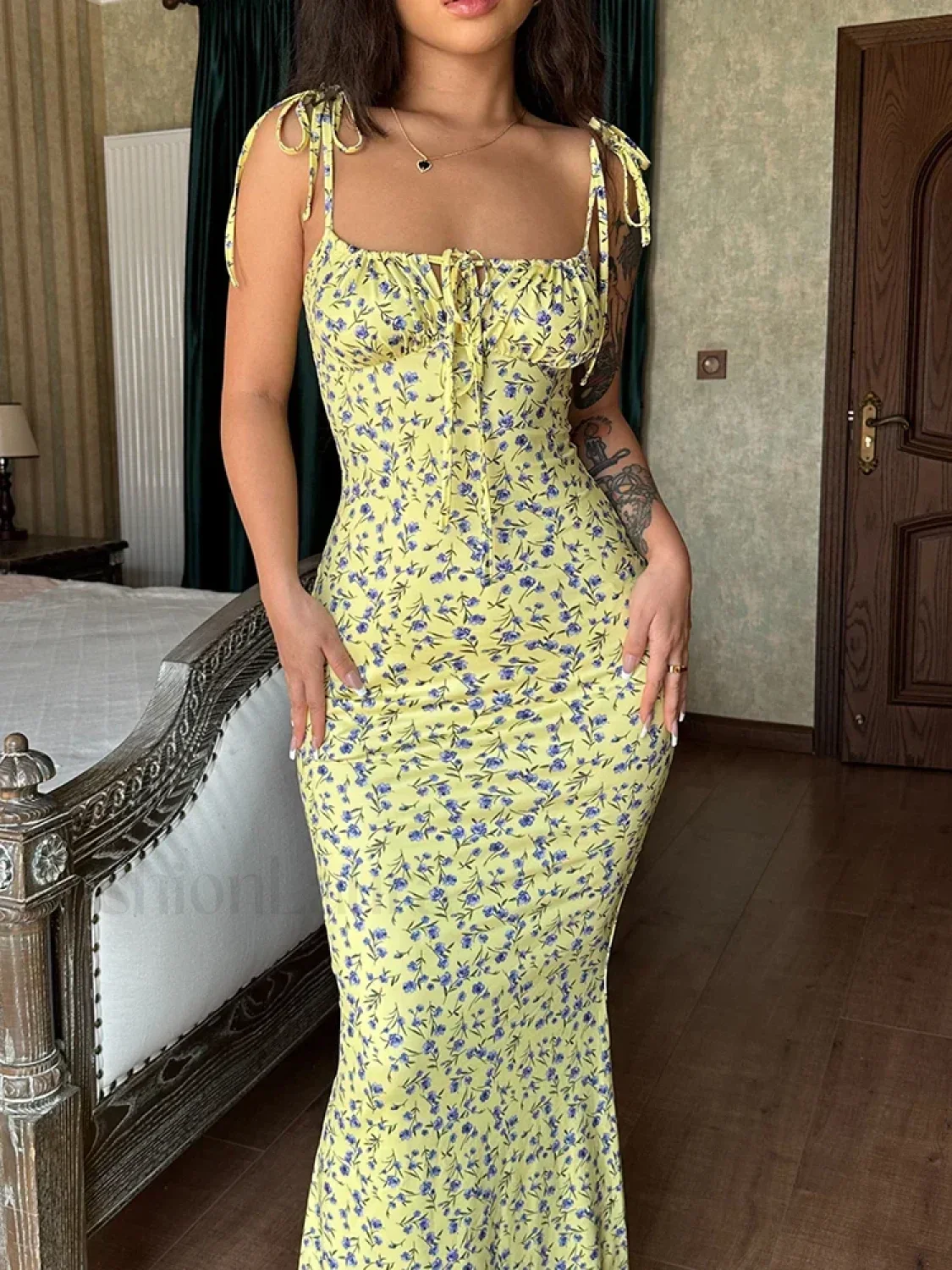 Floral Ruffle Lace-Up Maxi Dress - Image 8