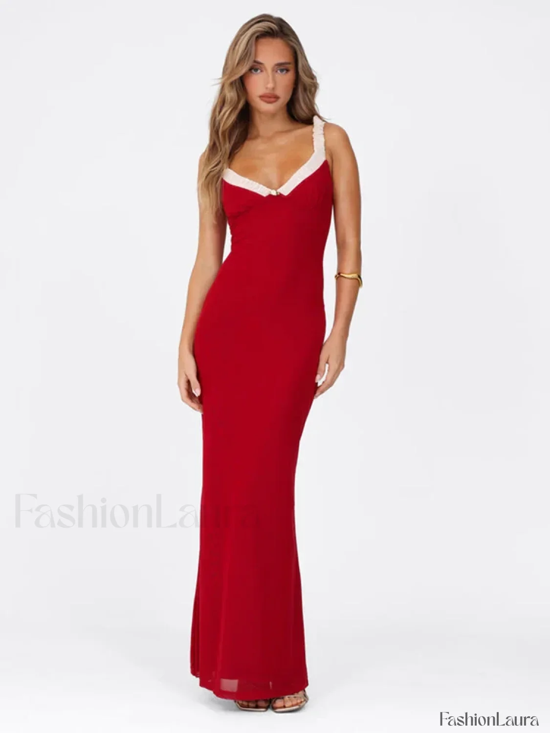 Flower Decor Red Spaghetti Maxi Dress - Image 5
