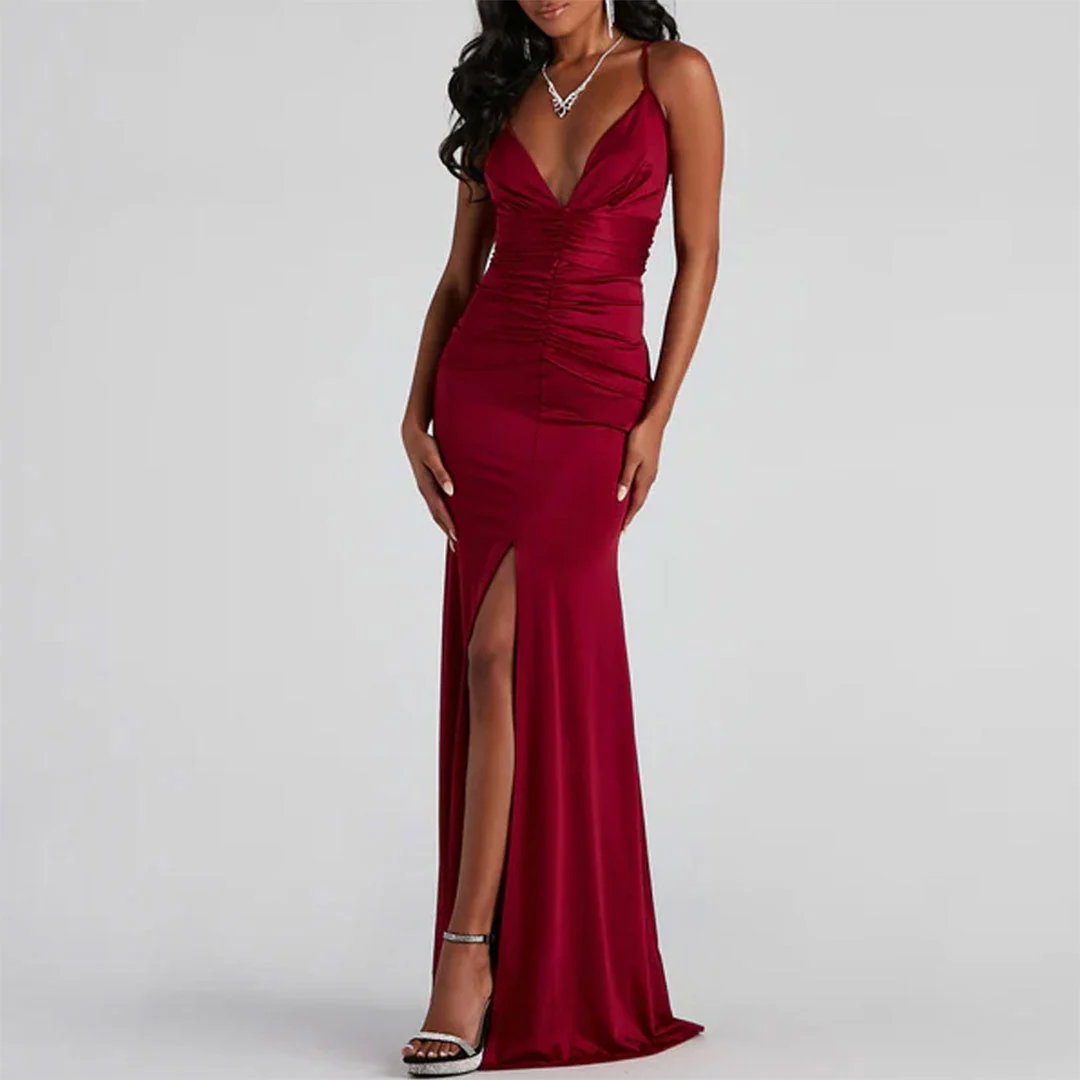 V High Slit Maxi Dress - Red - Image 6