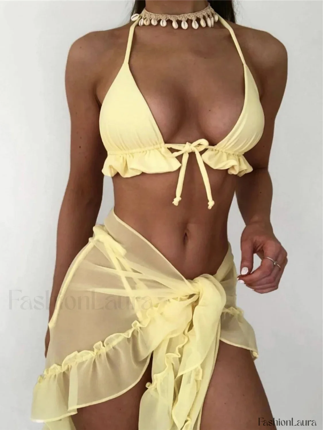 Halter Ruffled Sarong Bikini Three Piece Set - Image 6