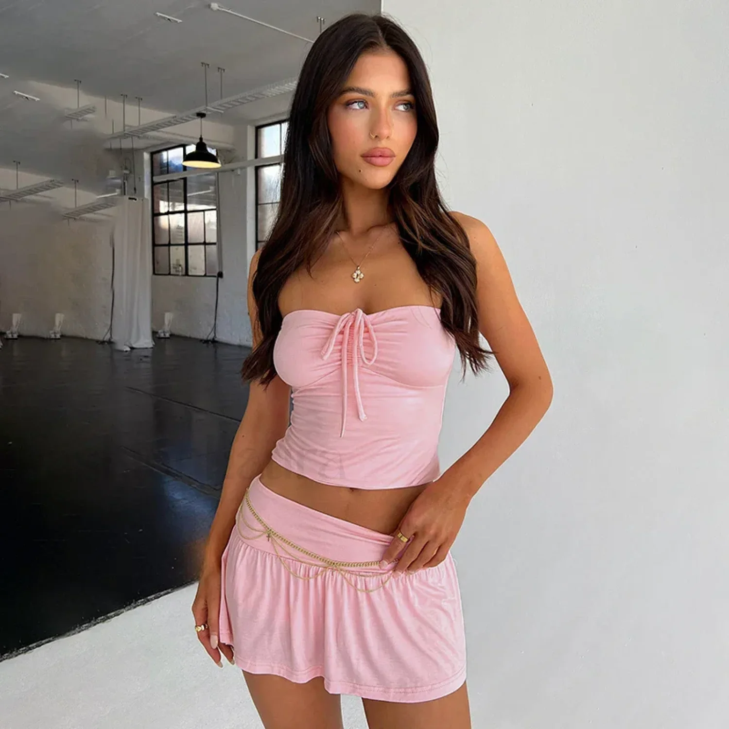 Halter Strapless Drawstring Crop Top Pleated Skirt Two Piece Set - Image 2