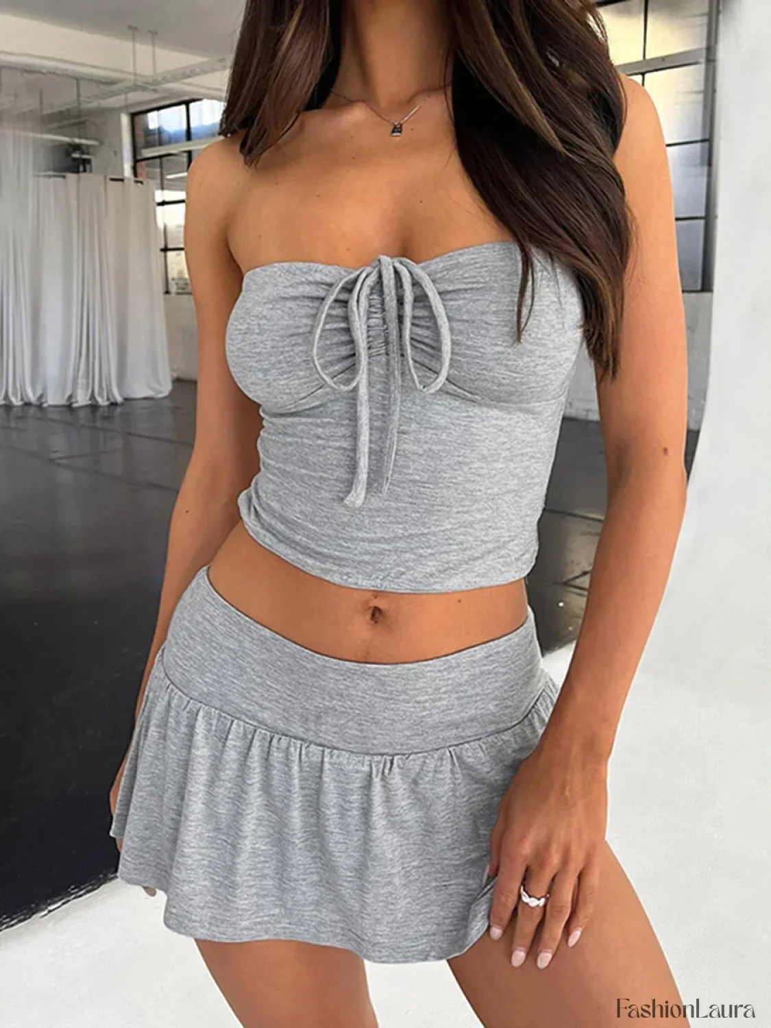 Halter Strapless Drawstring Crop Top Pleated Skirt Two Piece Set - Image 24