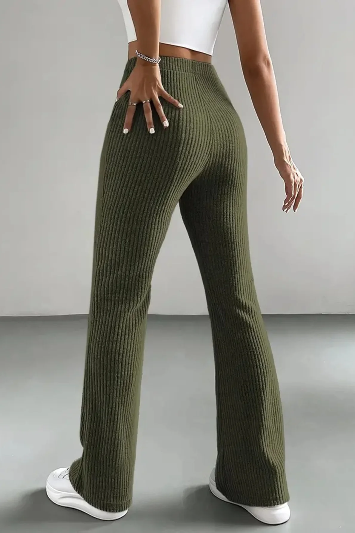 High Waist Ribbed Flared Knit Pants - Image 5