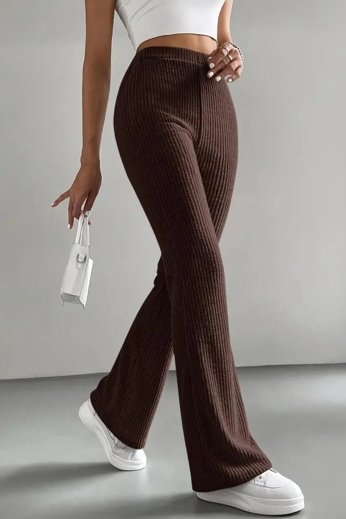 High Waist Ribbed Flared Knit Pants - Image 7