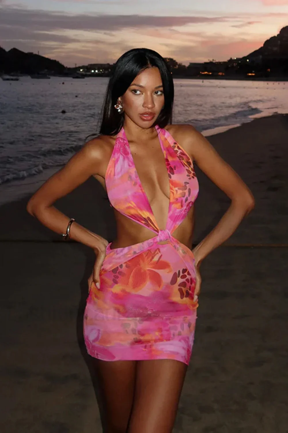 Hollow Print Halter Beach Vacation Floral Dress - Image 12