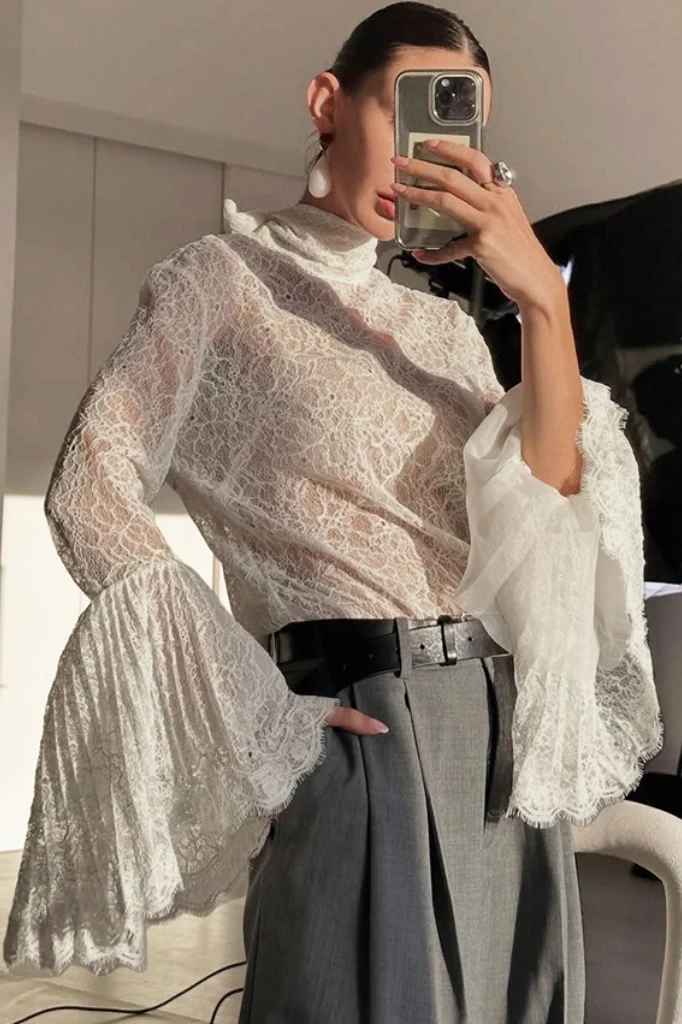 Lace Flounce Collar Ruffled Sleeve Sexy Blouse - Image 2