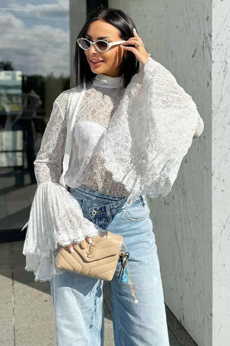 Lace Flounce Collar Ruffled Sleeve Sexy Blouse - Image 3