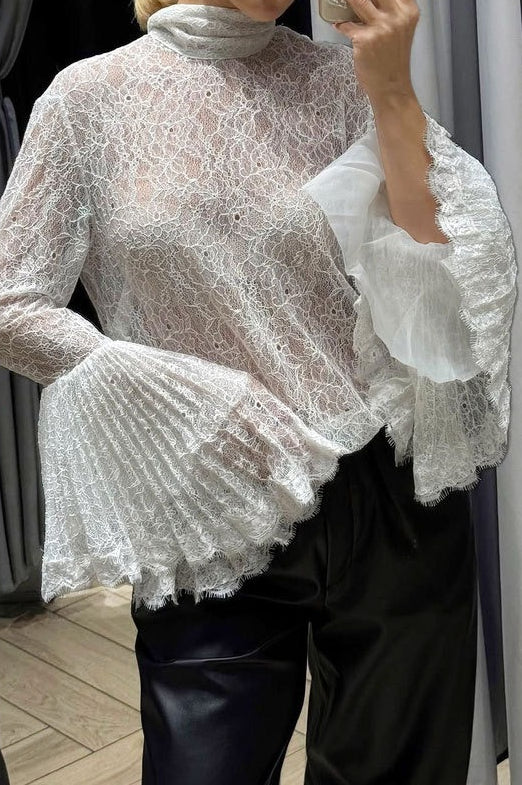 Lace Flounce Collar Ruffled Sleeve Sexy Blouse - Image 4