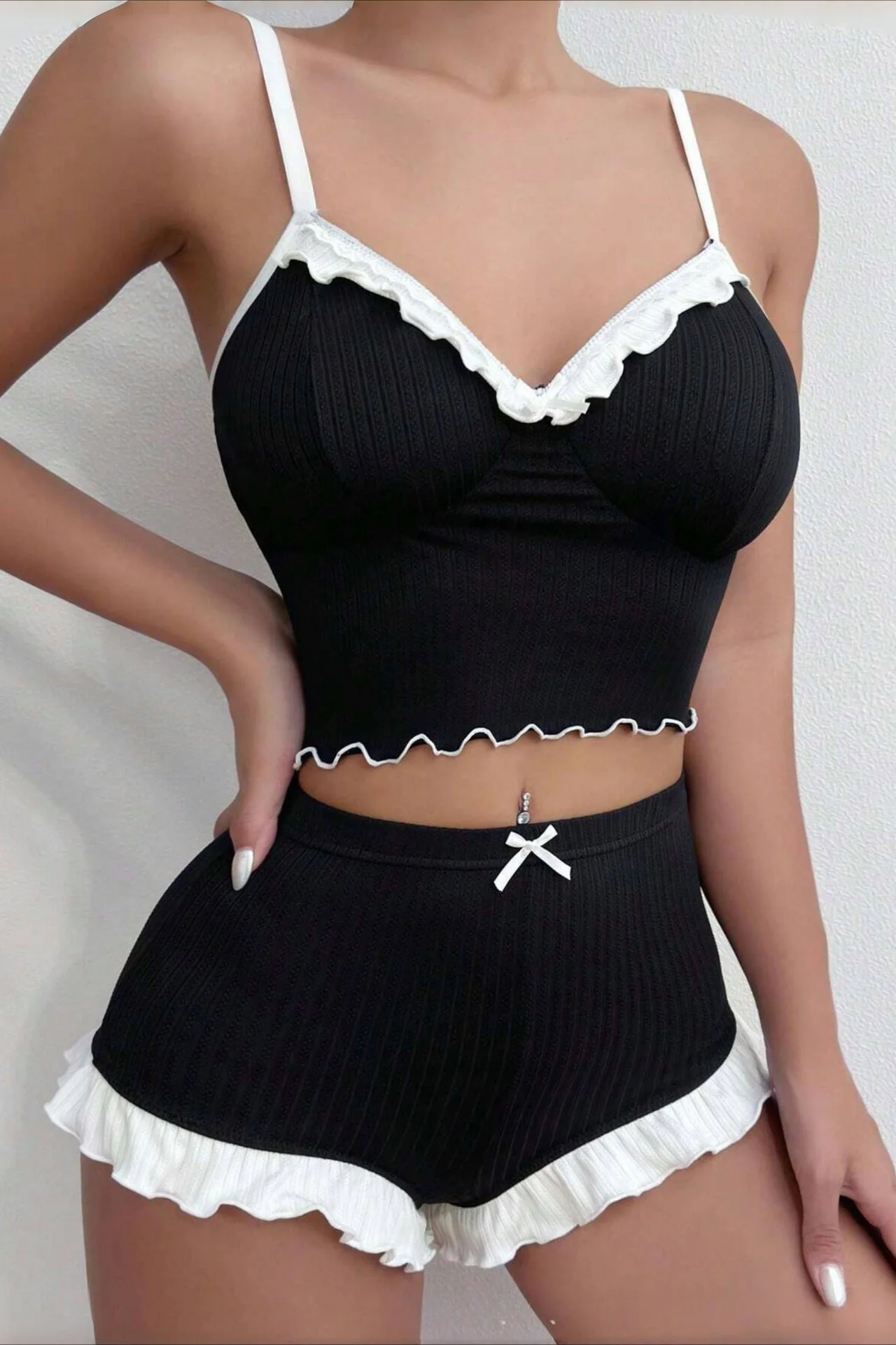 Lace Patchwork Cami Frill Shorts Set - Image 3