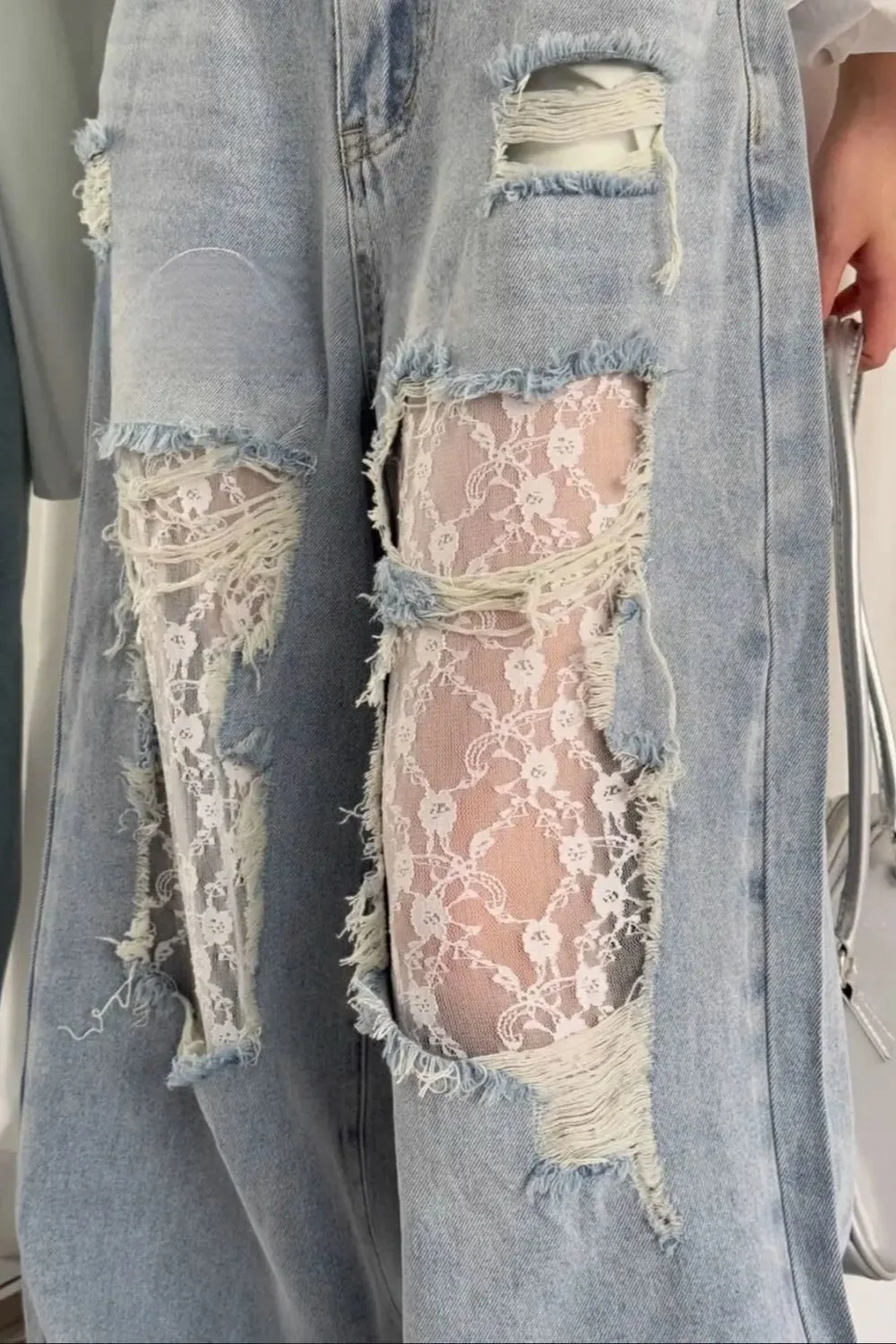 Lace Patchwork Ripped Loose Jeans - Image 20
