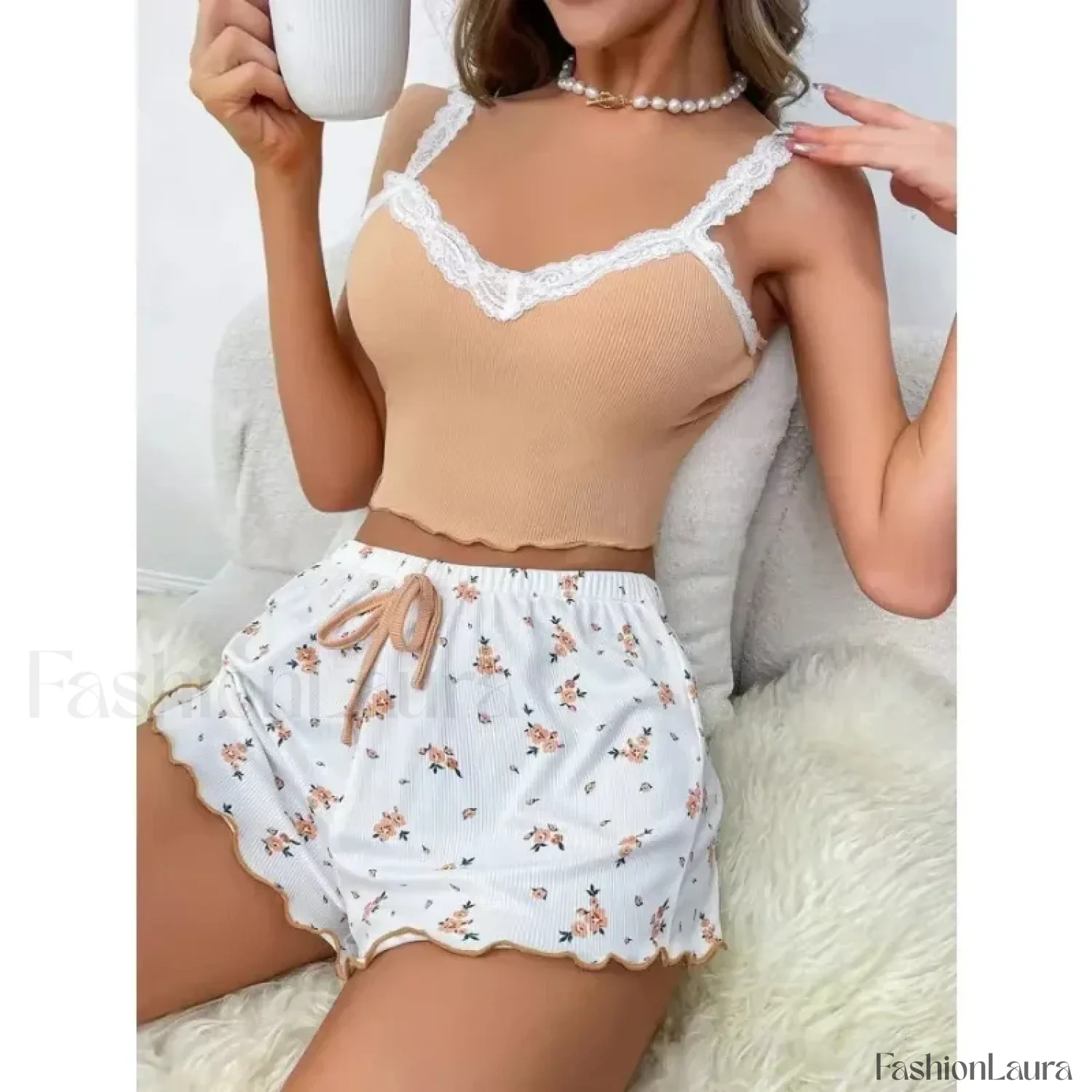 Lace Patchwork V-Neck Cami Shorts Two Piece Set - Image 15