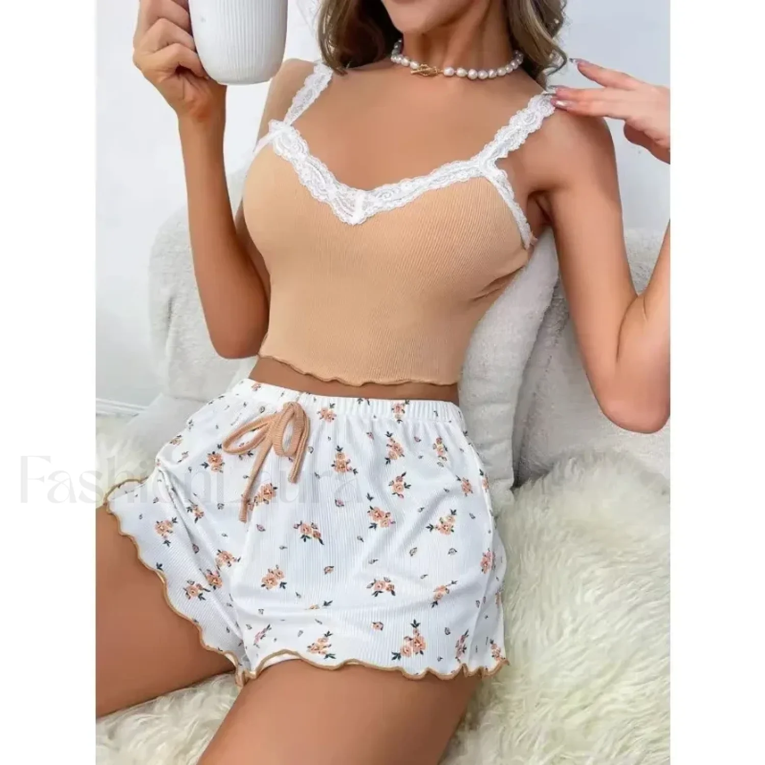 Lace Patchwork V-Neck Cami Shorts Two Piece Set - Image 4