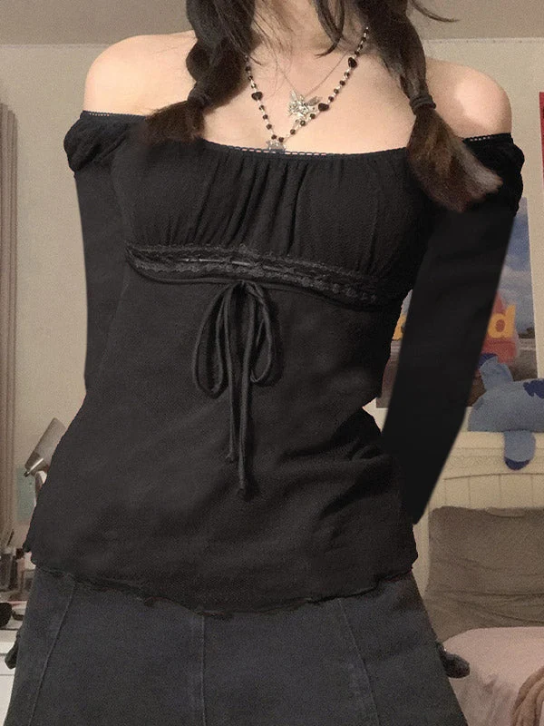 Lace Trim Tie Front Long Sleeve Blouse - Image 27