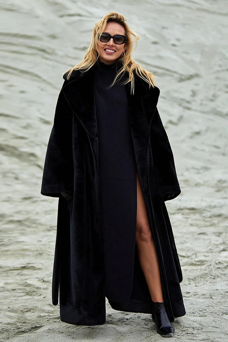 Long Notched Lapel Belted Rabbit Faux Fur Overcoat - Image 9