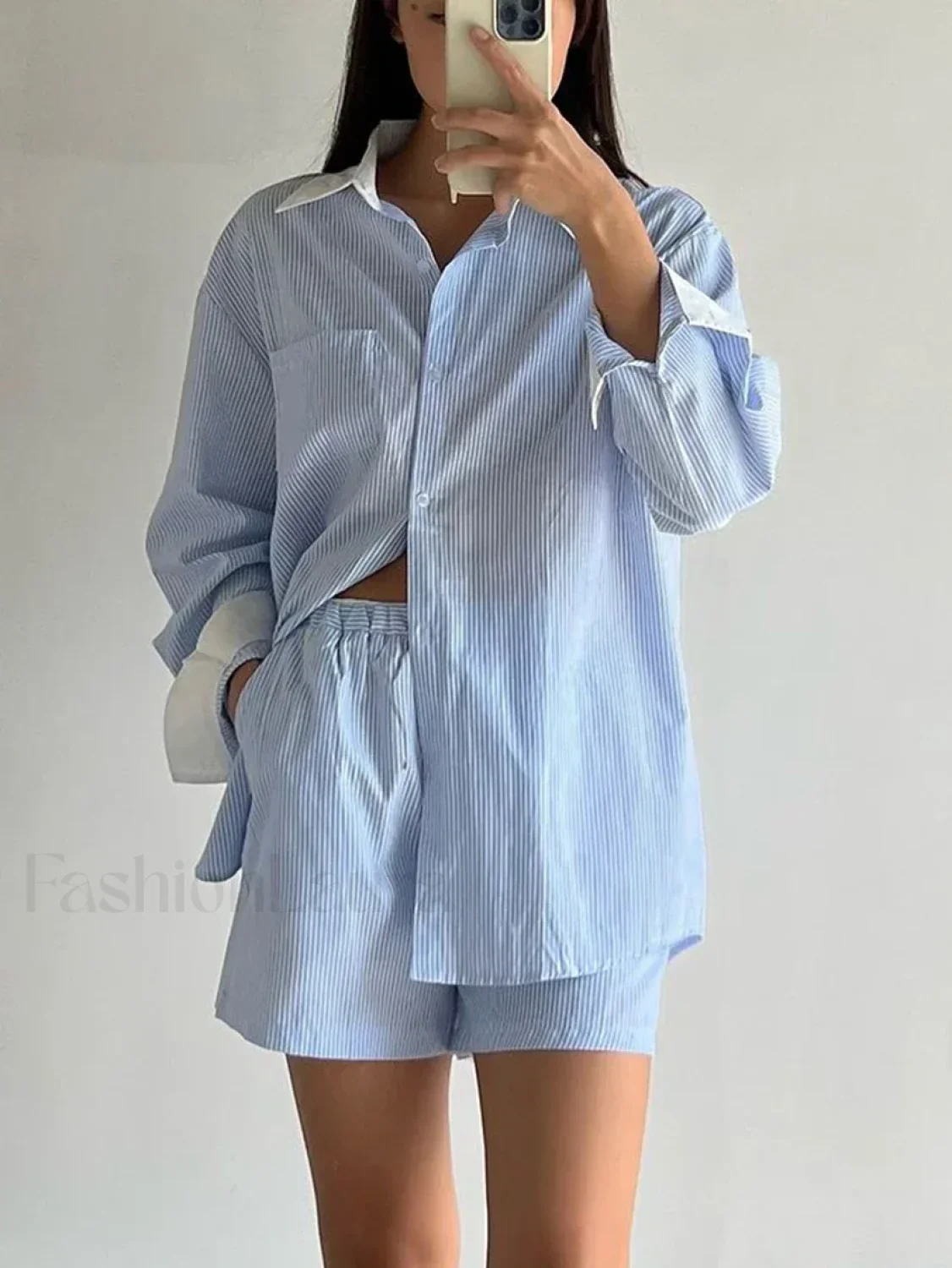 Long Sleeve Collar Pajama Shorts Two Piece Set - Image 4