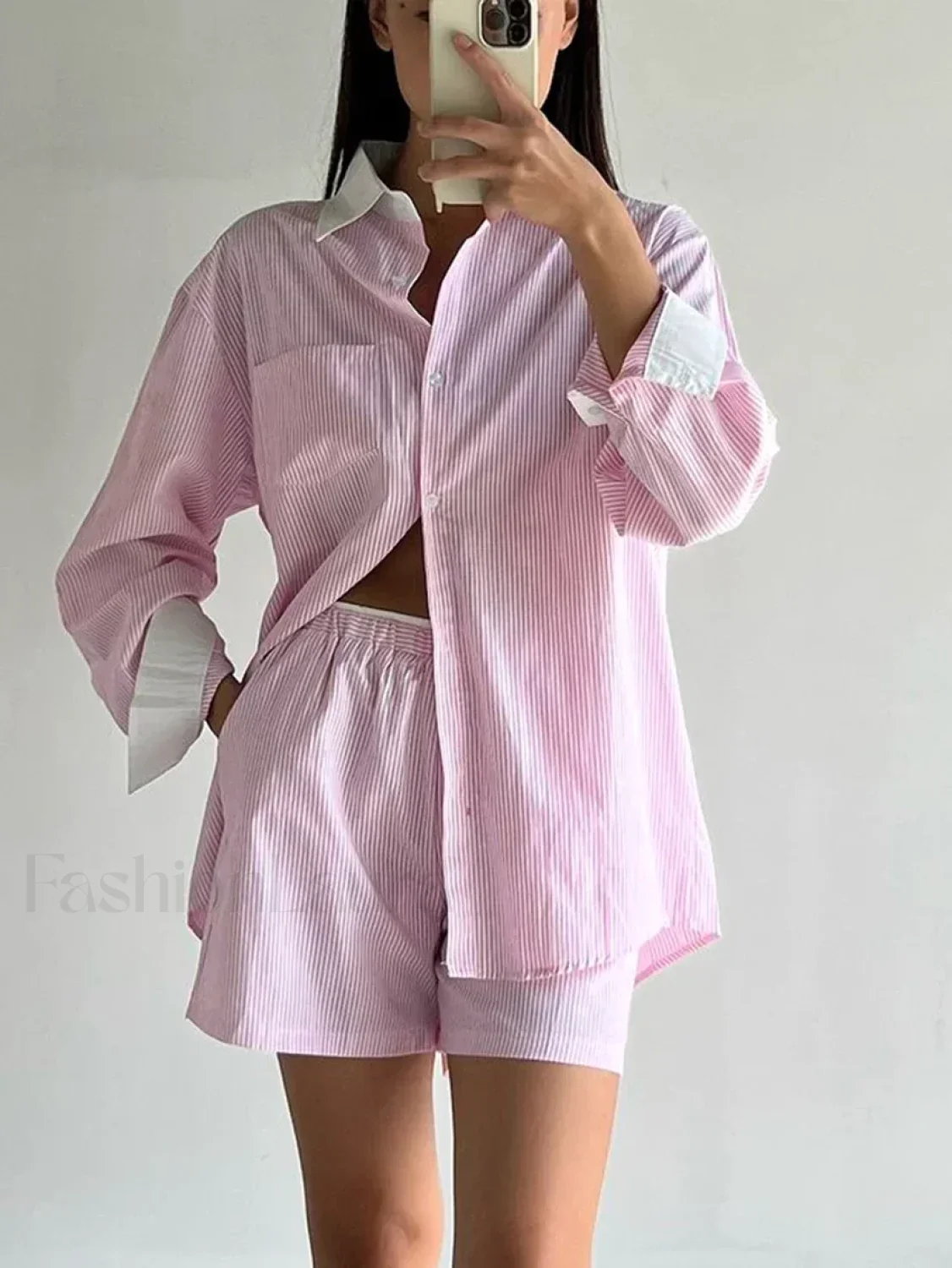 Long Sleeve Collar Pajama Shorts Two Piece Set - Image 5