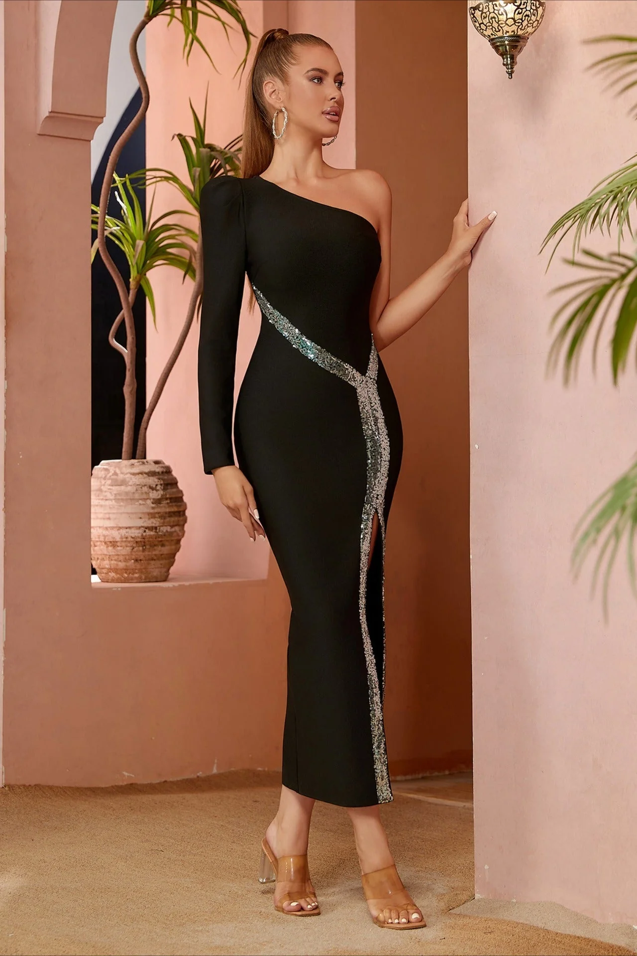 Long Sleeve One-Shoulder Bandage Cocktail Dress - Image 2