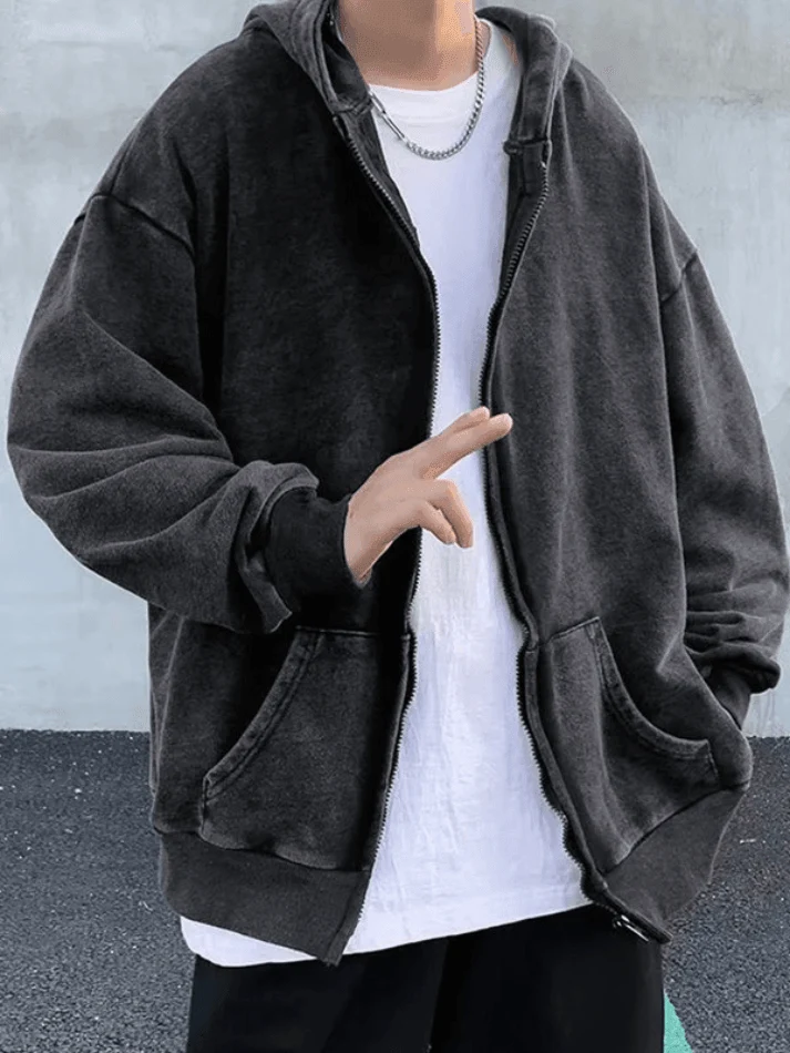 Men's Vintage Wash Black Zip-Up Hoodie - Image 12