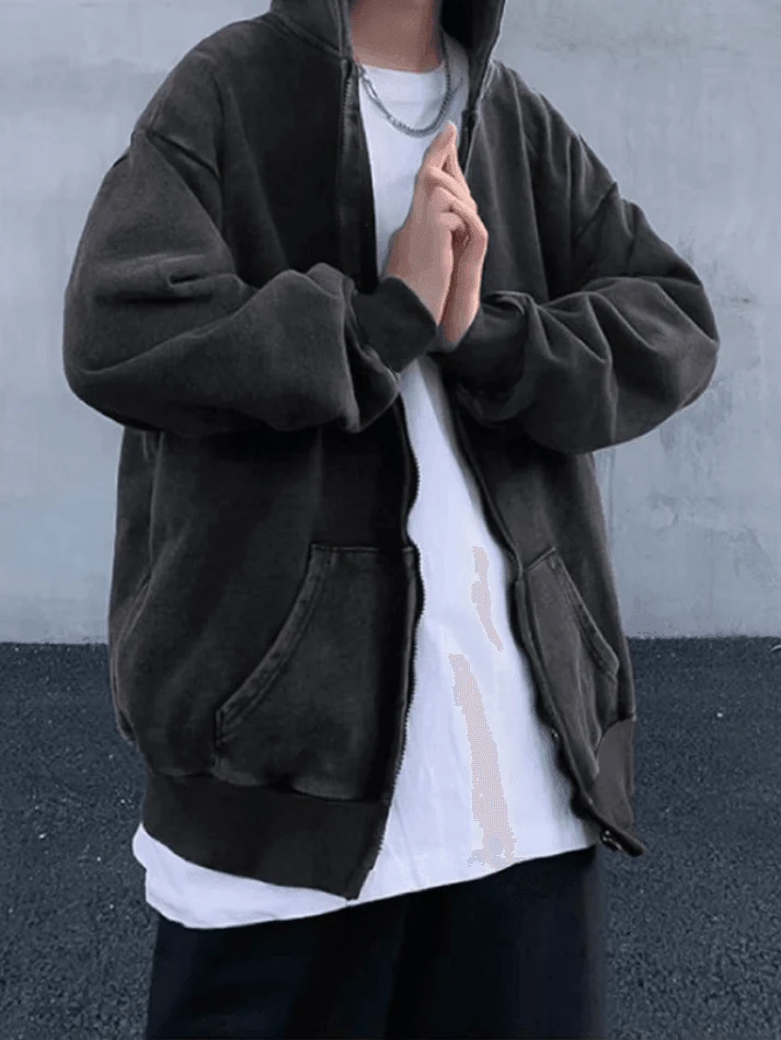 Men's Vintage Wash Black Zip-Up Hoodie - Image 6