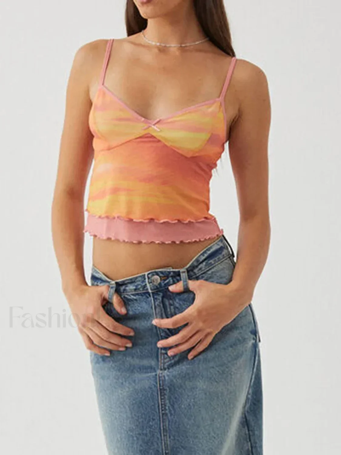 Mesh Graphic Bow Ruffle Crop Top - Image 2