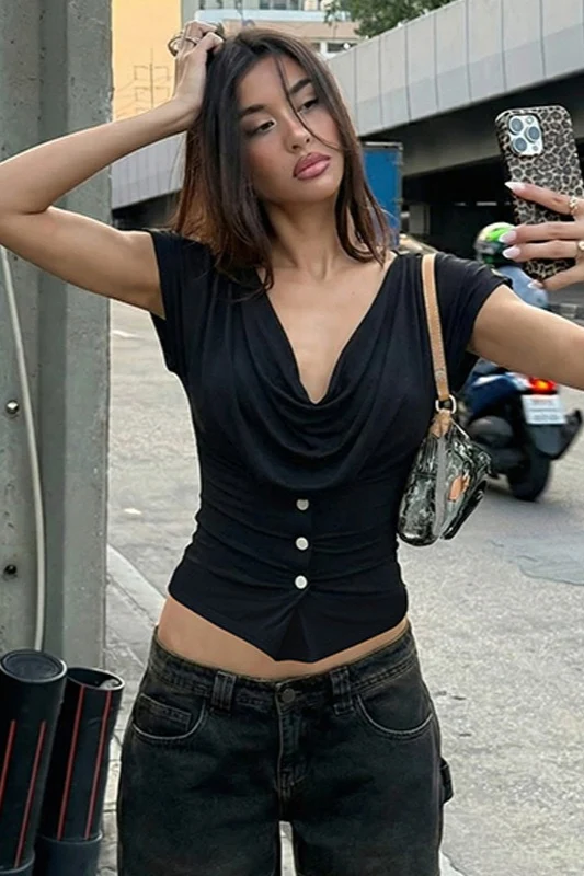 Minimal Draped Neck Ruched Waist  Tee - Image 8