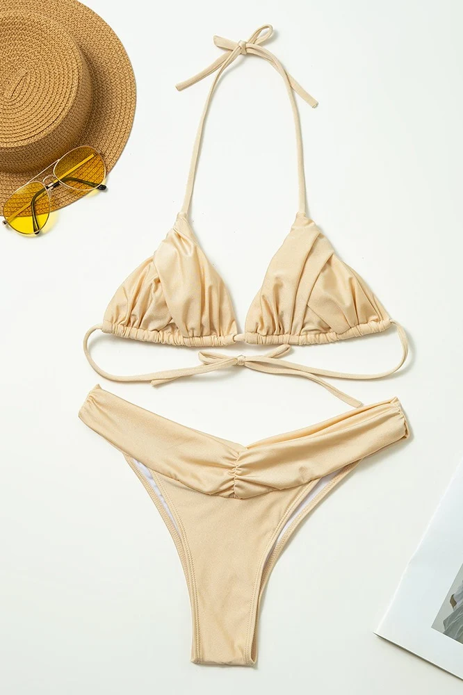 Minimal Solid Ruched Strappy Bikini Set - Image 16