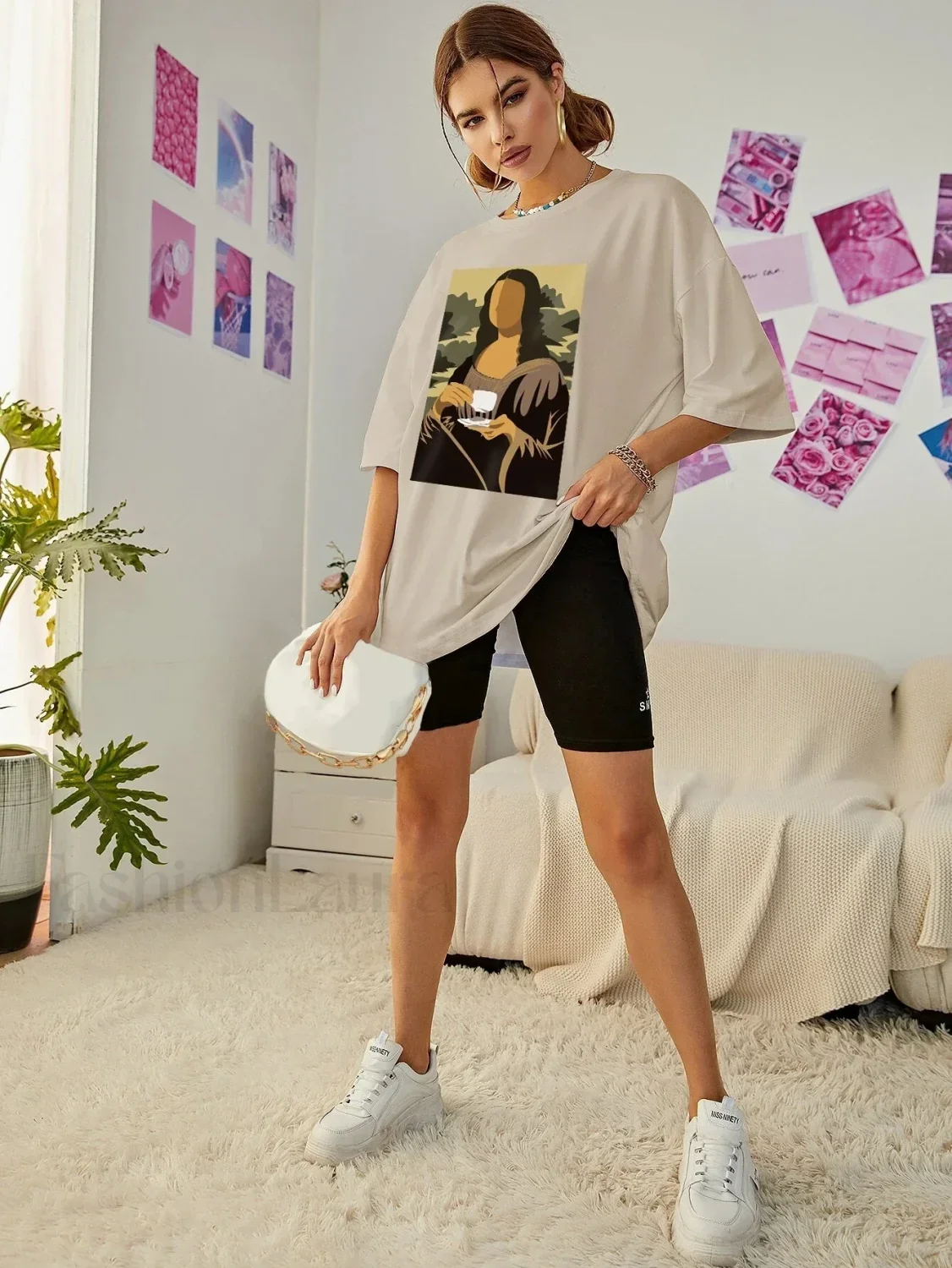 Mona Lisa Drinking Coffee Casual Hip Hop T-Shirt - Image 5