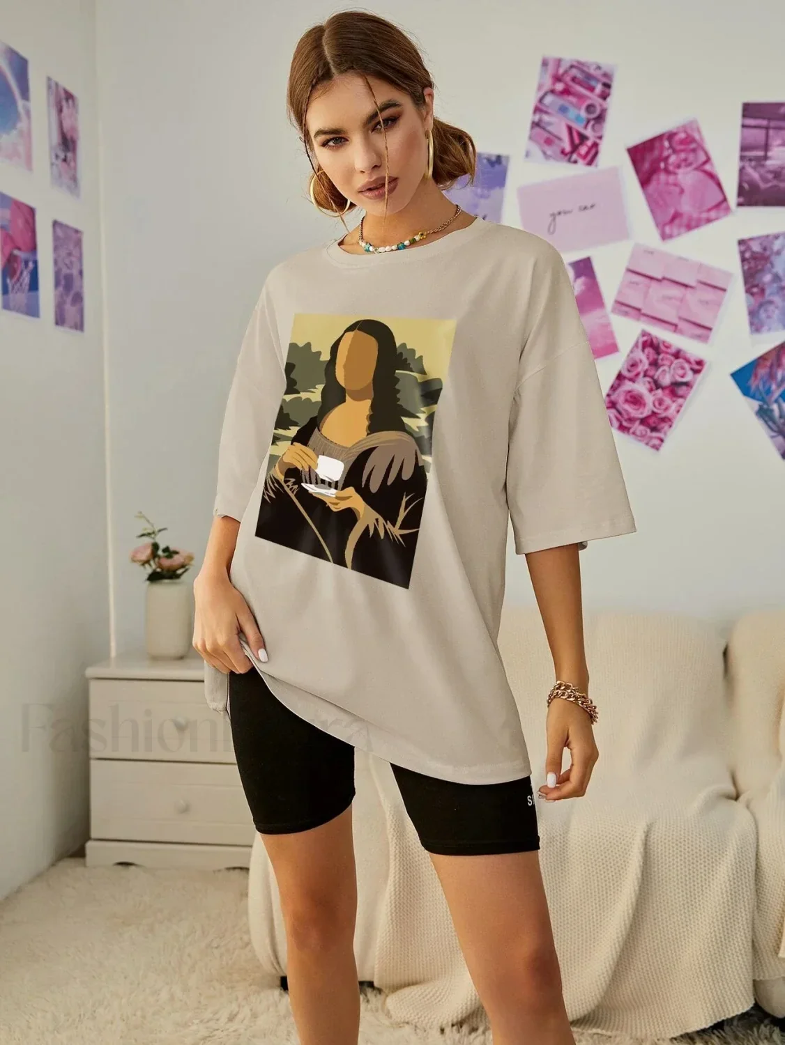 Mona Lisa Drinking Coffee Casual Hip Hop T-Shirt - Image 6