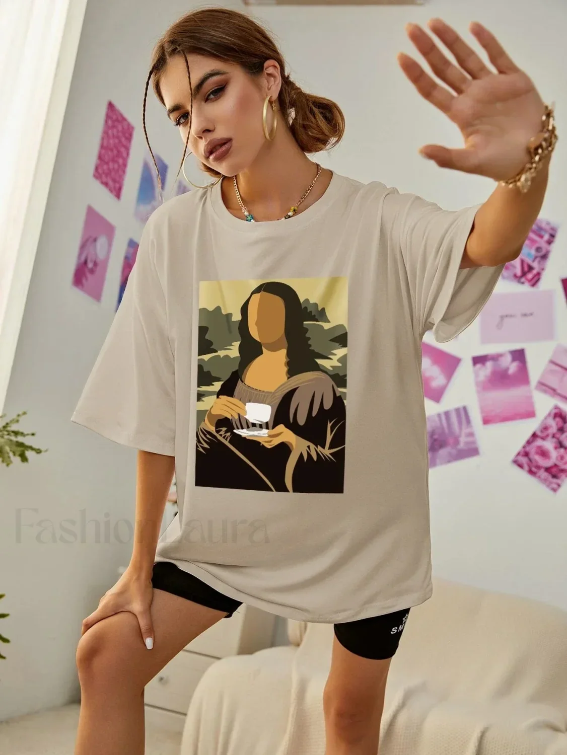Mona Lisa Drinking Coffee Casual Hip Hop T-Shirt - Image 8