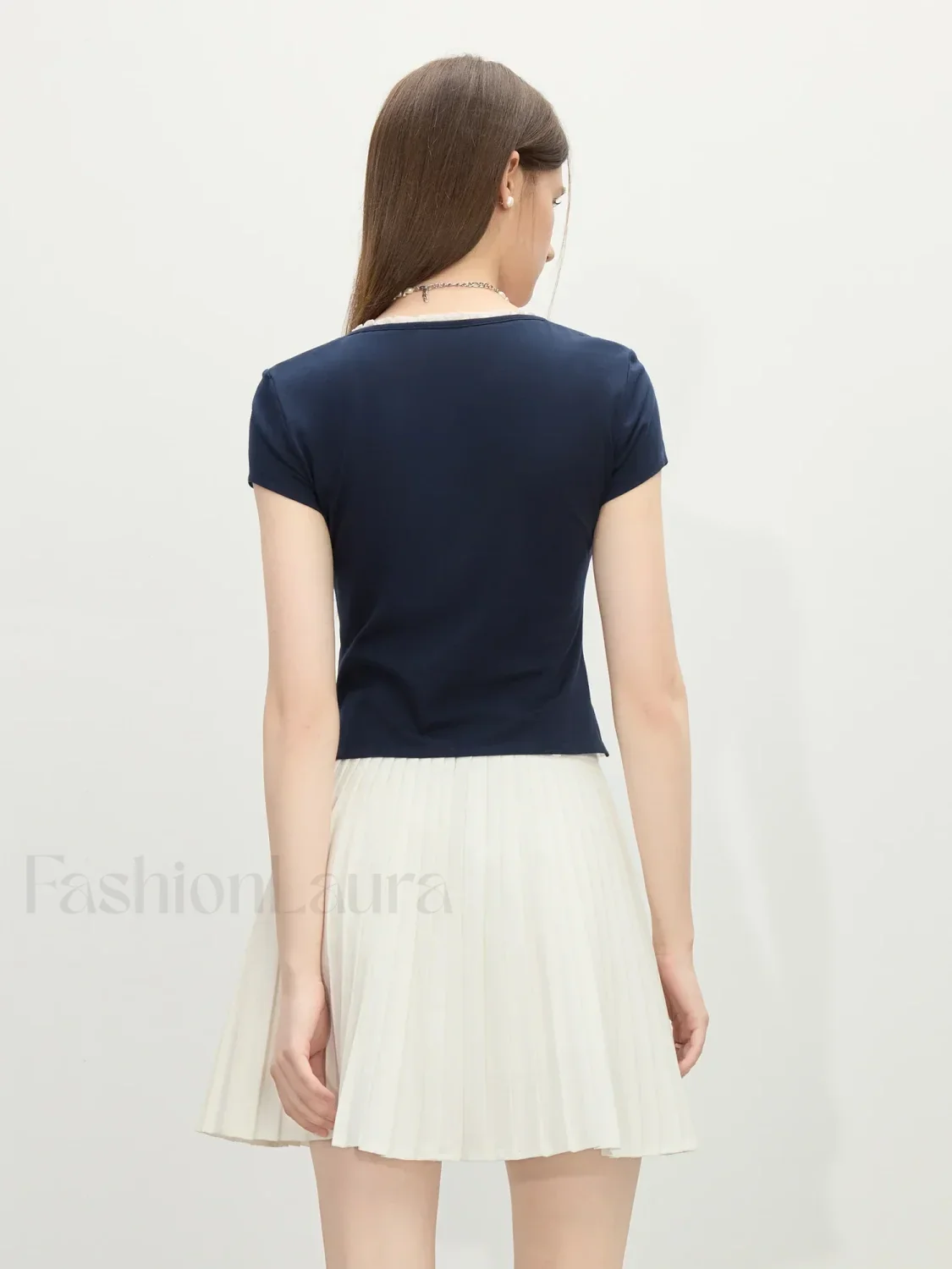 Navy Blue Fake Two-piece Casual T-Shirt - Image 3