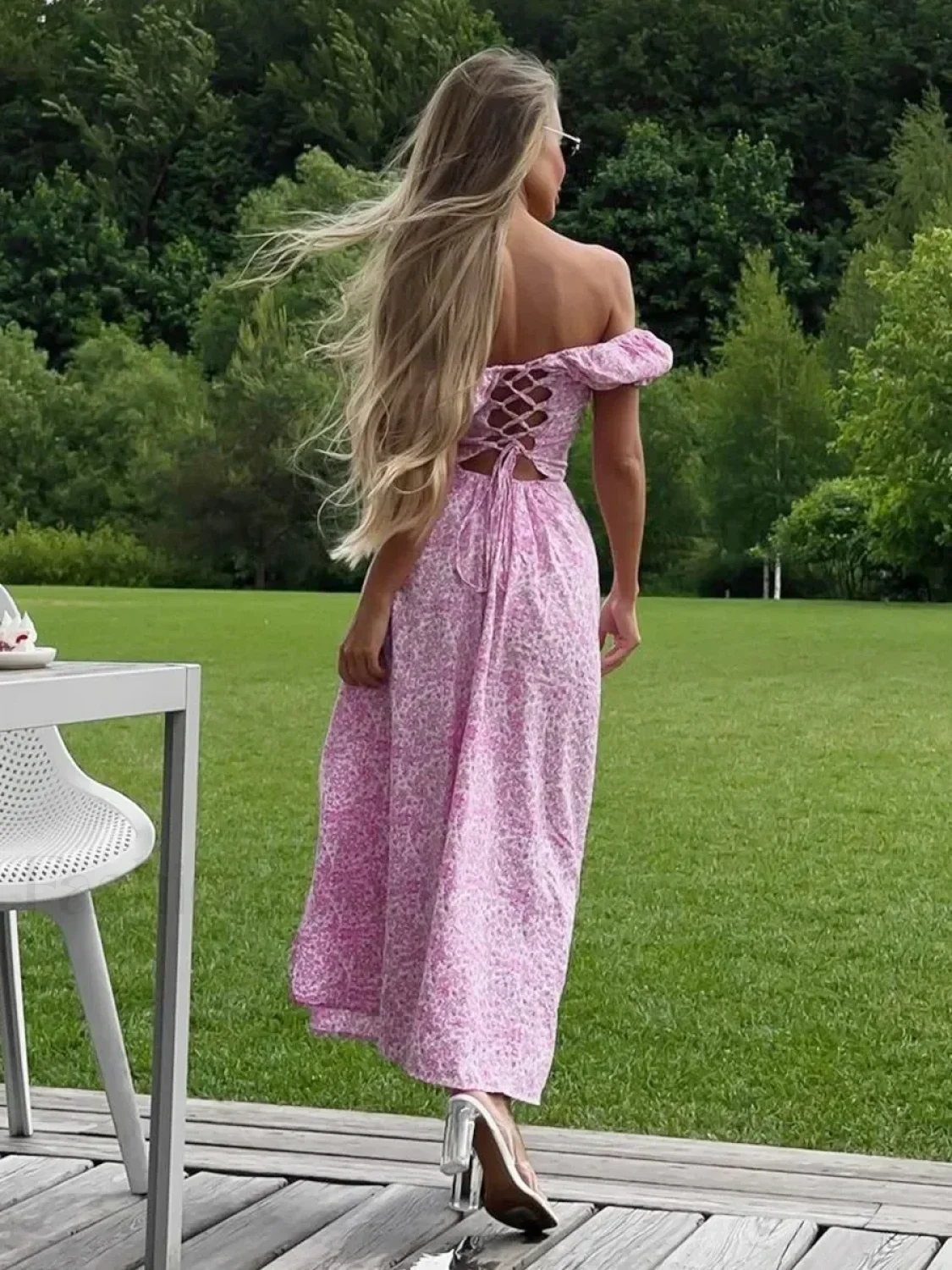 Off Shoulder Floral Print Slit Dress Slim Fit Sexy Evening Floral Dress - Image 3