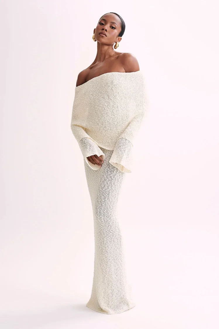 Off Shoulder One Shoulder Knit Sweater Dress - Image 8