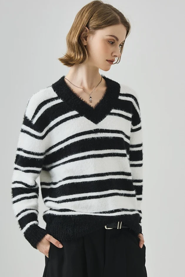 Oversized Striped V-Neck Sweater - Image 6